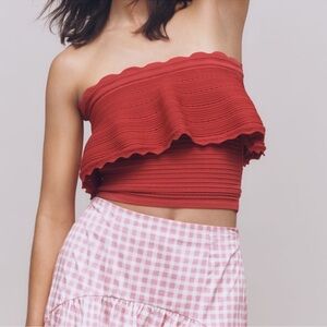 Anthropologie Strapless Textured Ruffle Top | Red Bandeau Peplum | NWT